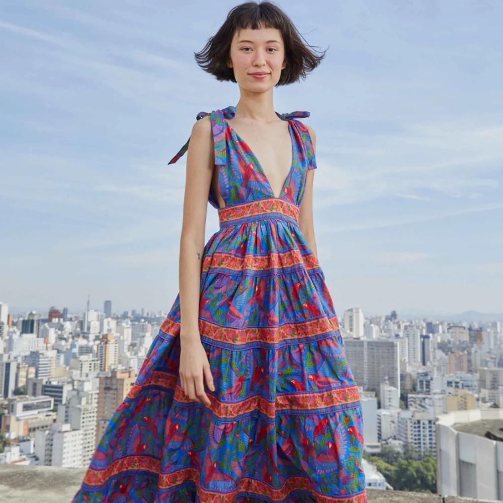 Blue Macaw Flight V Neck Midi Dress